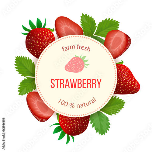 Ripe strawberry around circle badge with text farm fresh natural