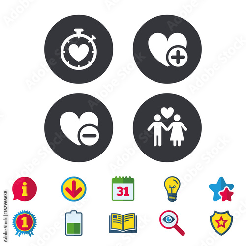 Valentine day love icons. Love heart timer symbol. Couple lovers sign. Add new love relationship. Calendar, Information and Download signs. Stars, Award and Book icons. Light bulb, Shield and Search
