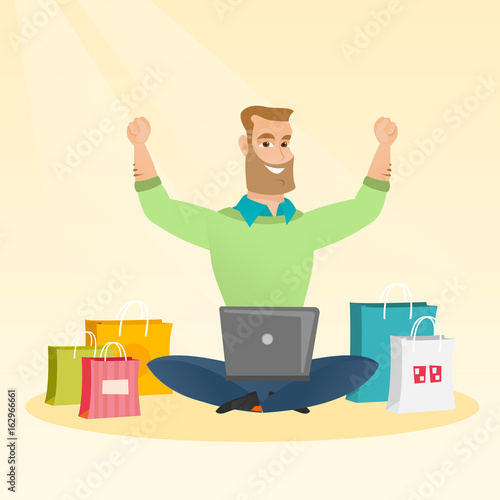 Caucasian man using a laptop for online shopping.