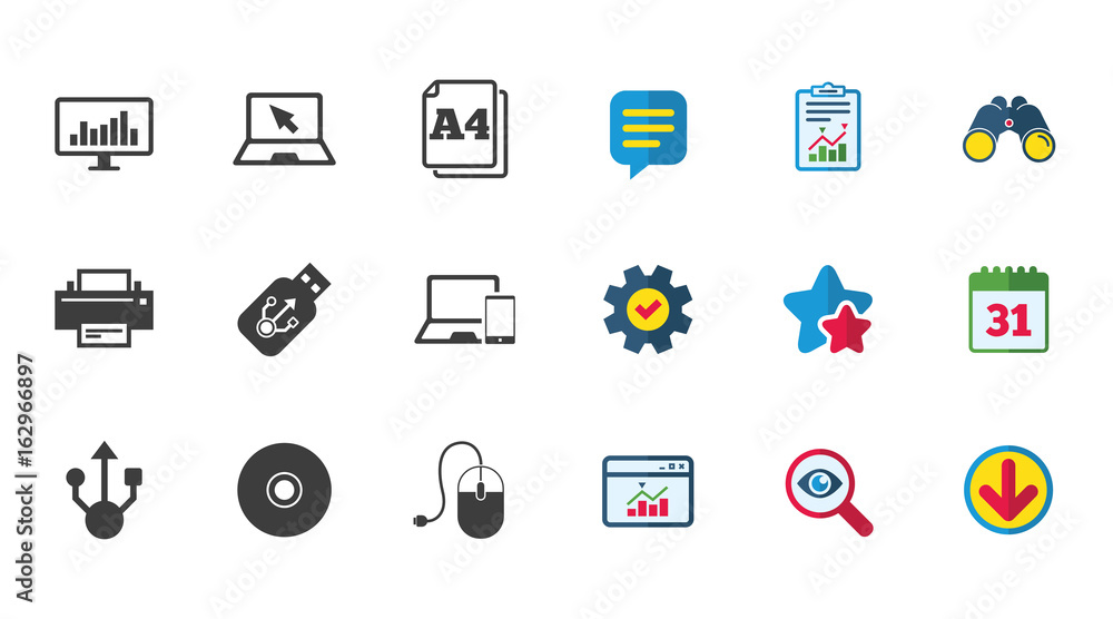 Computer devices icons. Printer, laptop signs. Smartphone, monitor and usb symbols. Calendar, Report and Download signs. Stars, Service and Search icons. Statistics, Binoculars and Chat. Vector Computer devices icons. Printer, laptop signs. Smartphone, monitor and usb symbols. Calendar, Report and Download signs. Stars, Service and Search icons. Statistics, Binoculars and Chat. Vector