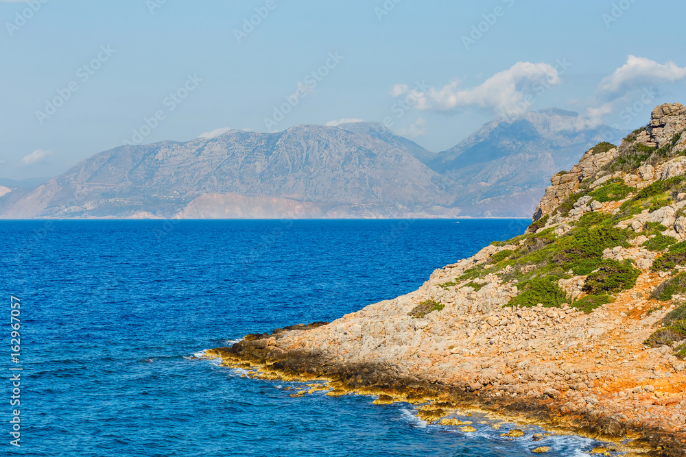 Fototapeta premium Beautiful greek seascape at sunny day. Place of north Crete, east of Agios Nikolaos