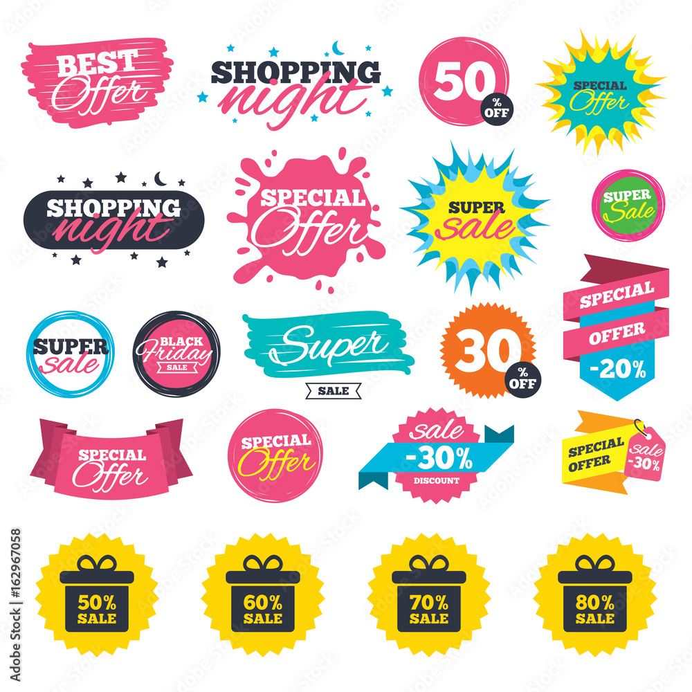 Obraz premium Sale shopping banners. Sale gift box tag icons. Discount special offer symbols. 50%, 60%, 70% and 80% percent sale signs. Web badges, splash and stickers. Best offer. Vector