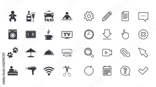 Set of Hotel services icons. Taxi, Wifi internet and Swimming pool signs. Coffee, Wine bottle and Air conditioning symbols. Calendar, Document and Download line signs. Pencil, Service and Search icons