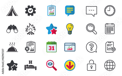 Hot food, sleep, camping tent and fire icons. Hotel or bed and breakfast. Road signs. Chat, Report and Calendar signs. Stars, Statistics and Download icons. Question, Clock and Globe. Vector