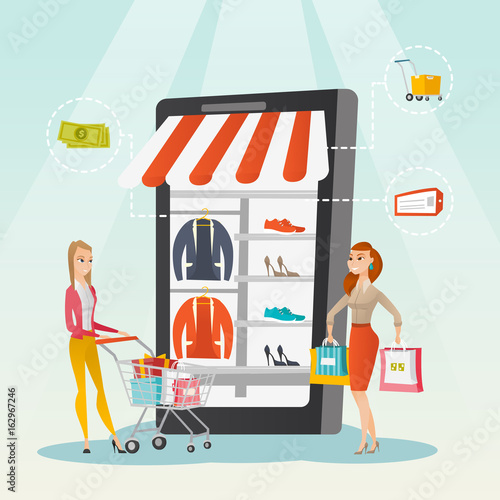 Women walking in store that looks like a tablet.