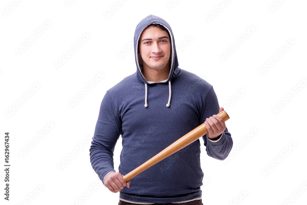 Young man hooligan with baseball bat isolated on white