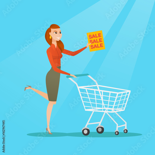 Woman running in a hurry to the store on sale. photo