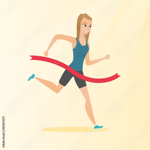 Young caucasian sportswoman crossing finish line.