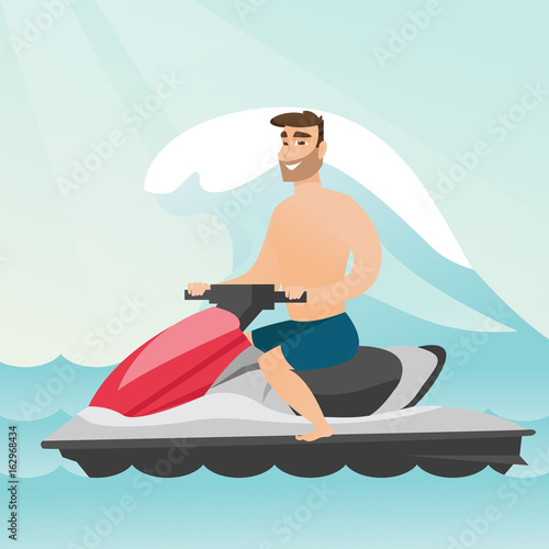 Caucasian man riding on a water scooter in the sea