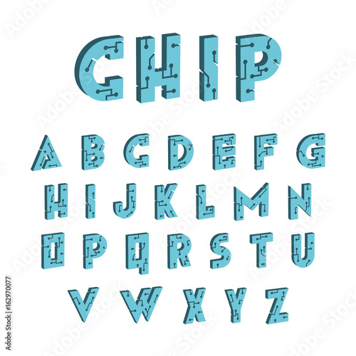 3d tech font. Digital hi-tech Alphabet. Vector letters.
