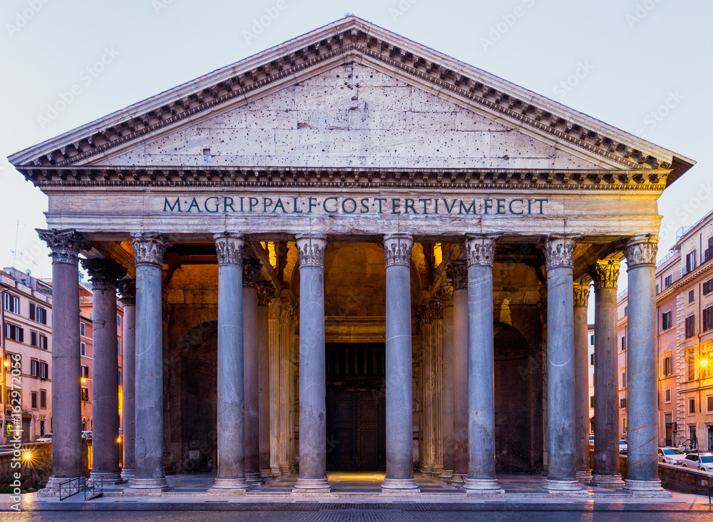 Obraz premium Pantheon, former Roman temple of all gods, now a church, and Fountain with obelisk at Piazza della Rotonda. Rome, Italy