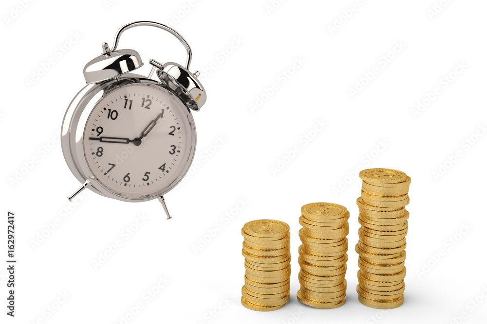 Alarm clock and gold coin stacks on white background 3D illustration Alarm clock and gold coin stacks on white background 3D illustration
