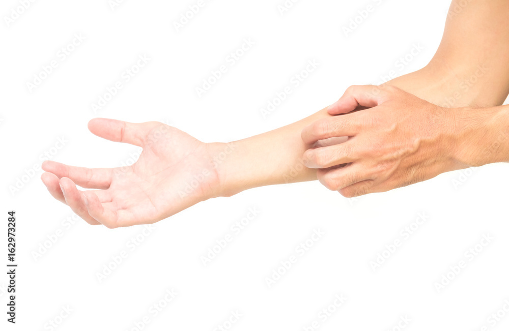 Man hand scratching hand on white background, health care and medical concept