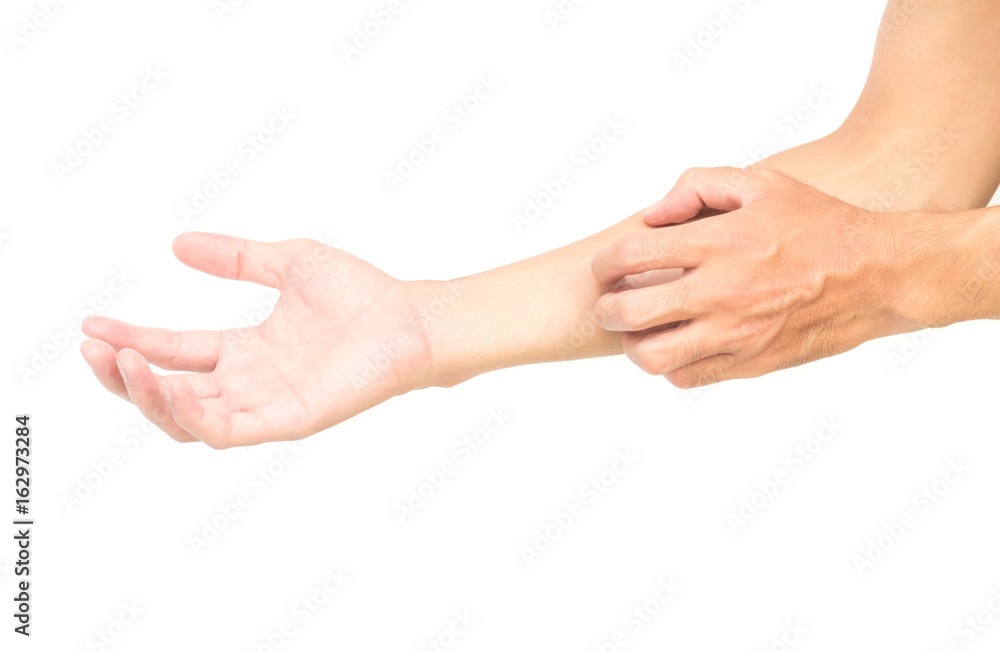 Man hand scratching hand on white background, health care and medical concept Man hand scratching hand on white background, health care and medical concept