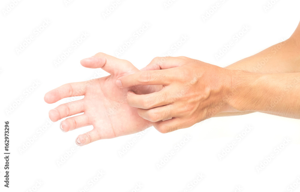 Man hand scratching hand on white background for healthy concept