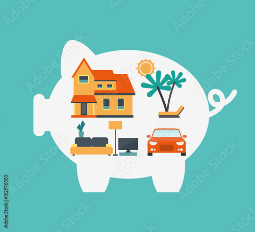 Illustration with piggy bank, house, car, furniture and holiday. Saving and investing money concept