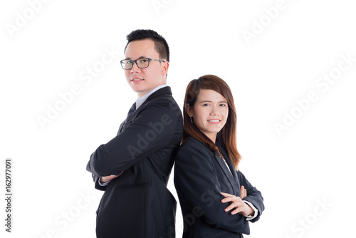 Asian businessman and businesswoman over white background