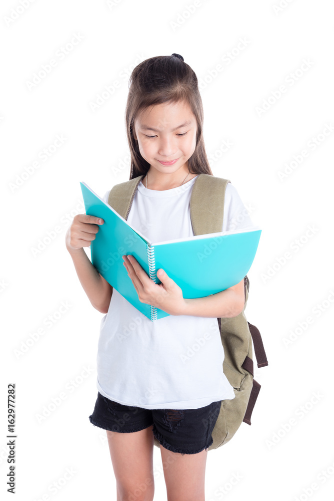 Young asian schoolgirl reading over white background Young asian schoolgirl reading over white background