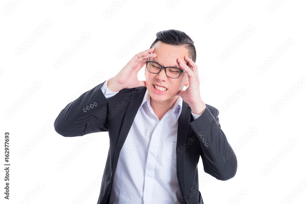 Young asian businessman having headache over white background Young asian businessman having headache over white background