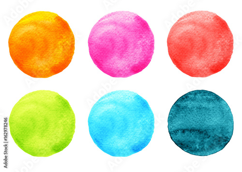 Watercolor Illustration for artistic design. Round stains, blobs of blue, pink, orange, red, green colors