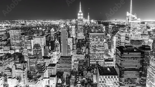 Time Lapse Aerial View over Manhattan New York City at Night in Black and White