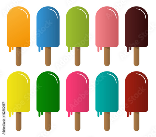 Set of 10 isolated melting ice cream with different colors - variation of flavors