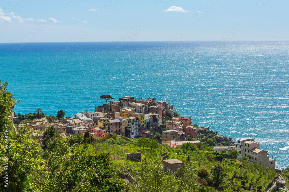 aerial view of Corniglia, a small resort town  on the territory of the Cinque Terre National Park