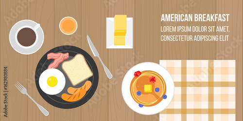 american breakfast, coffee, orange juice, pancake, bread, sausage, bacon, egg and bread in aerial view on wooden board background, flat design vector suitable for banner or cover of website