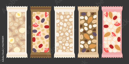 cereal and granola bar, nuts, dry fruits such as strawberry, cherry, macadamia nut, peanut, almond, pumpkin seed, oat, wheat in transparent packaging, flat design vector