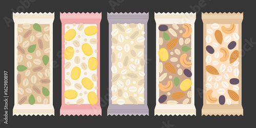 cereal and granola bar, nuts, dry fruits such as raisin, cornflakes, cashew nuts, almond, pumpkin seed, sunflower seed, oat, wheat in transparent packaging, flat design vector