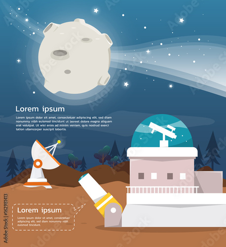 Telescope  with observatory and moon vector and illustrtion design