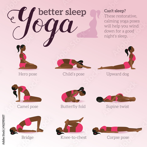 Yoga poses for better sleep. Vector illustrations with woman in sport bra and shorts doing asanas from insomnia and relaxing. Healthy poster in flat vector design. On rose gradient background.