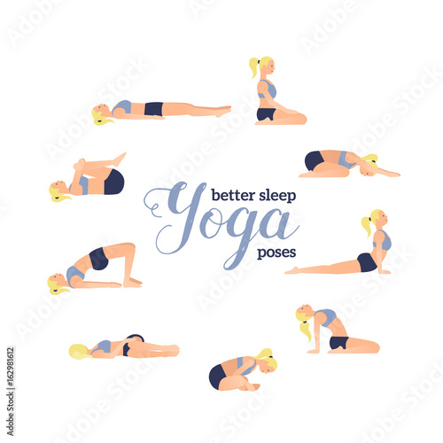 Yoga poses for better sleep. Vector illustrations with woman in sport bra and shorts doing asanas from insomnia and relaxing. Healthy poster in flat vector design. On white isolated background.