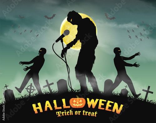 halloween zombie singing party in night graveyard