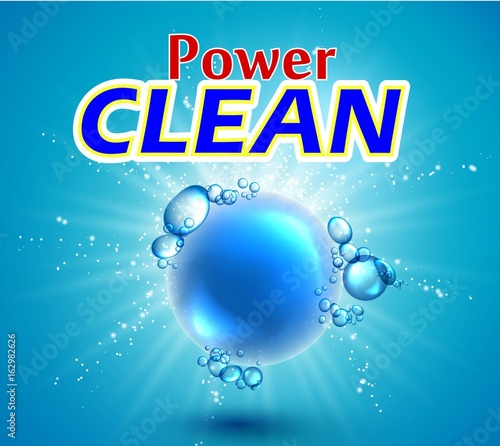 packaging design template for washing powder. Super clean. Soap bubbles, foam. Vector illustration.