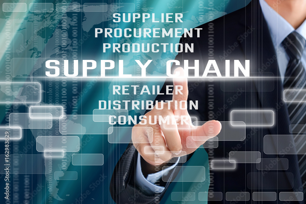Businessman hand touching SUPPLY CHAIN words on virtual screen Businessman hand touching SUPPLY CHAIN words on virtual screen