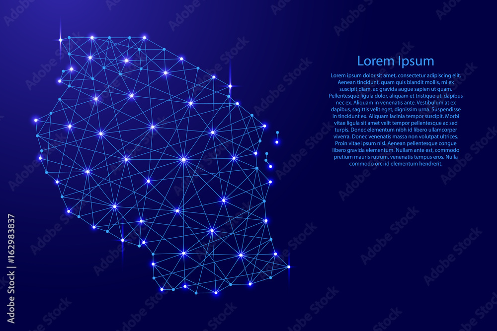 Fototapeta Map of Tanzania from polygonal blue lines and glowing stars vector illustration