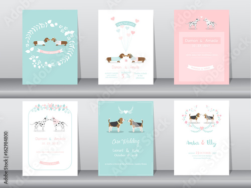 Set of wedding invitation cards,poster,template,greeting cards,animals,dog,Vector illustrations