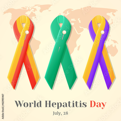 World Hepatitis Day. Set of colorful awareness ribbons isolated over world map in cartoon style. Vector illustration. Holiday Collection.