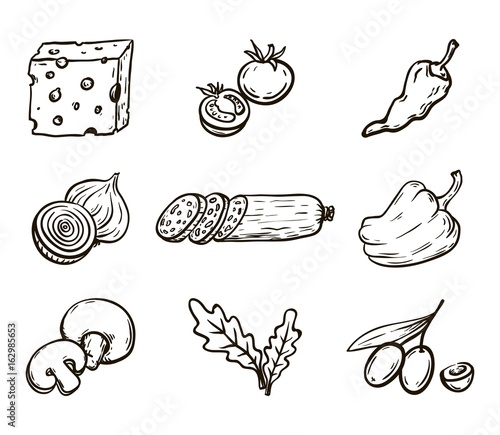 Foodstuffs. Ingredients for pizza. Set of vector sketches on white