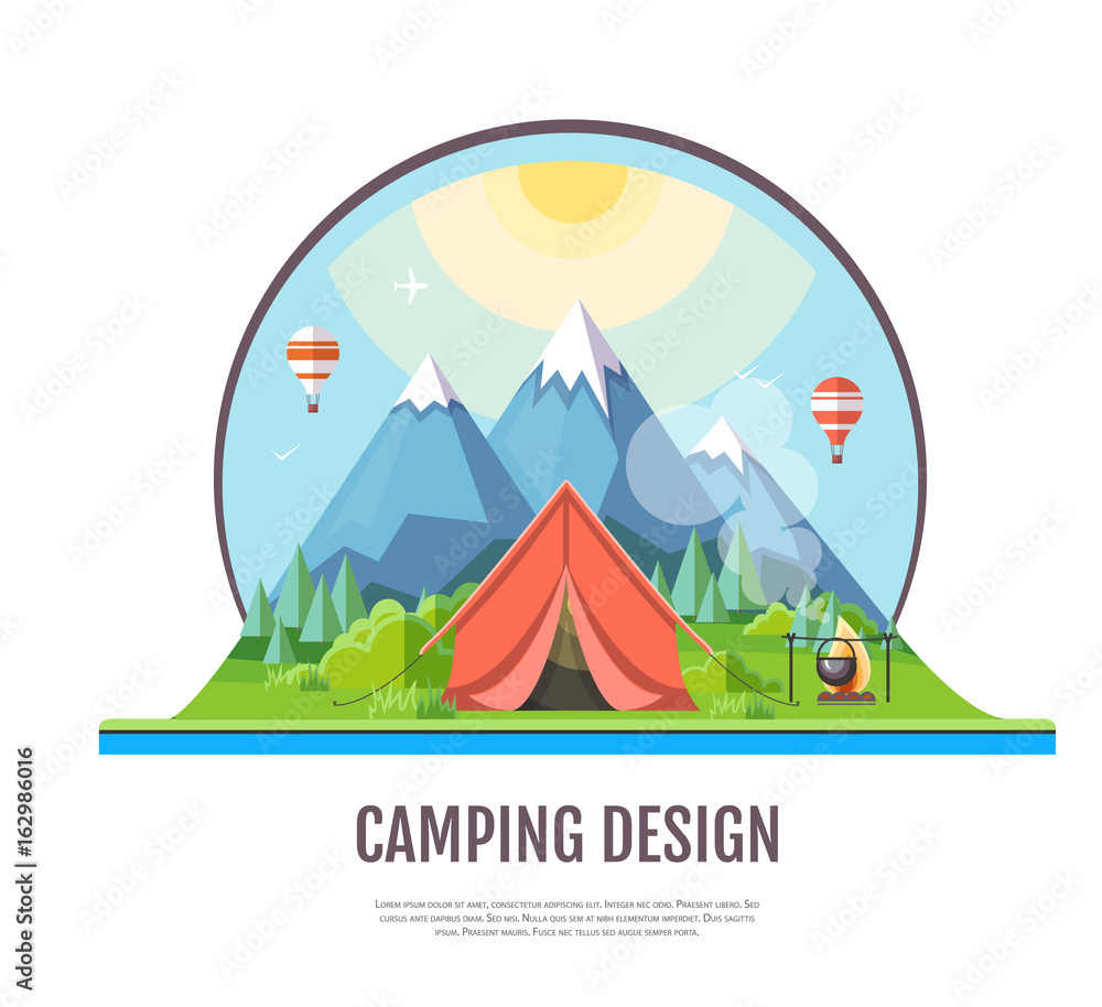 Flat style design Mountains landscape and camping. Flat style design Mountains landscape and camping.