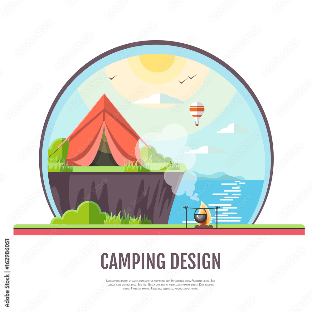 Flat style design of seaside landscape and camping.