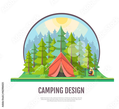 Flat style design of forest landscape and camping. photo