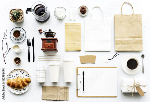 Aerial view of coffee setting on white table photo