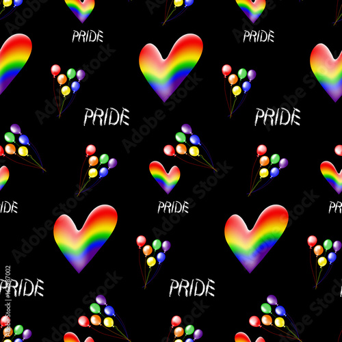 Colored rainbow hearts and  text Pride. Seamless pattern on the theme of gay parade, vector design