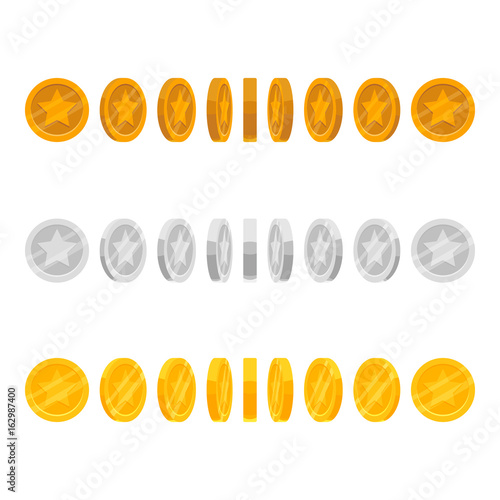 Set of game icons of silver, gold and bronze coins with star isolated on white background. Coin rotation steps vector illustration. Game asset elements collection.