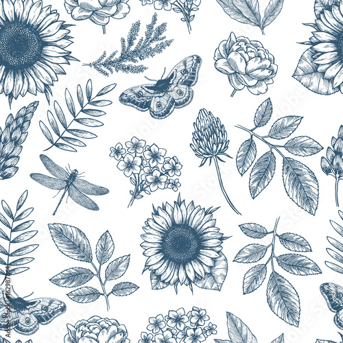 Floral seamless pattern. Linear sketchy style flower elements. Vintage fabric design. Vector illustration