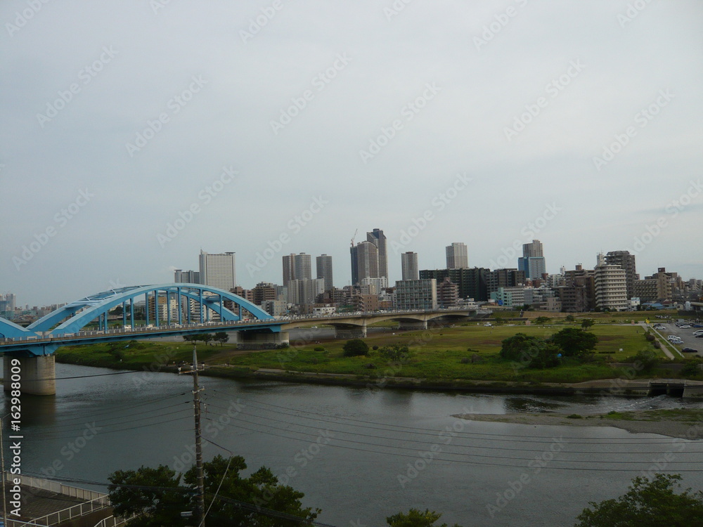 Naklejka premium 多摩川越しに見る川崎の街