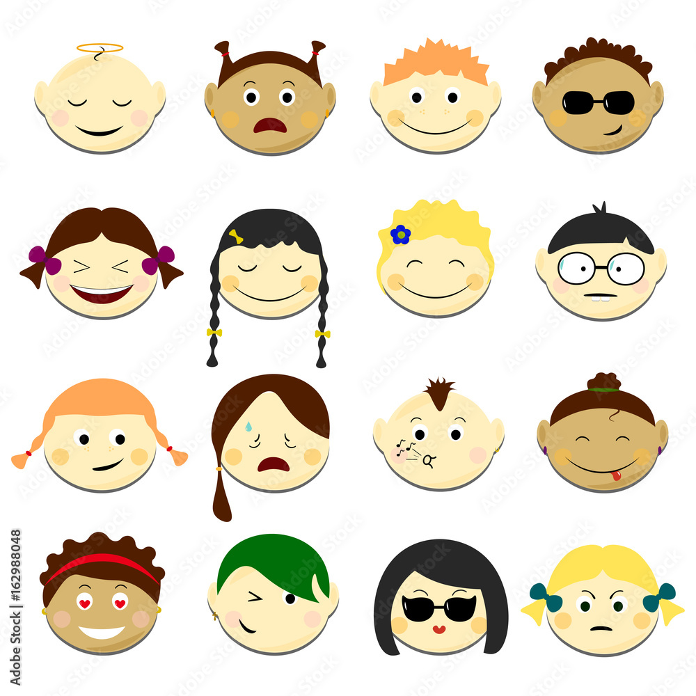 Kids face set vector illustration. Emoji portraits with various emotions hairstyle Kids face set vector illustration. Emoji portraits with various emotions hairstyle