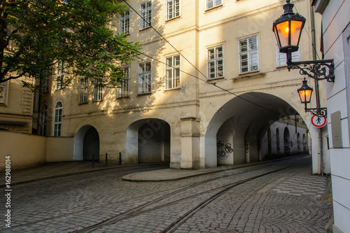 Tramways passing under buildings in Prague  Czech Republic
